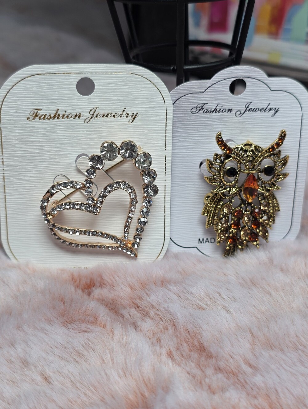 Fashion Jewelry Gold-Tone Double Heart & Amber Owl Rhinestone Brooch Set